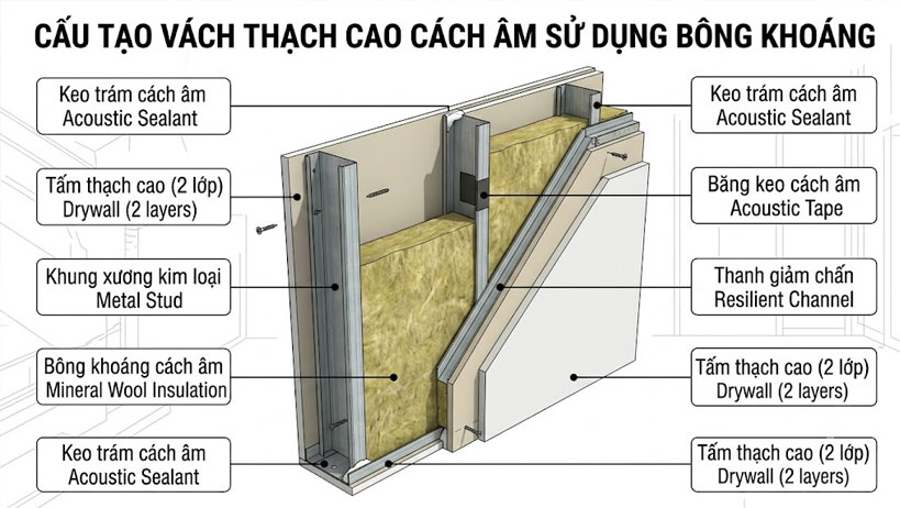 Hệ v&aacute;ch c&aacute;ch &acirc;m gồm khung xương, vật liệu c&aacute;ch &acirc;m v&agrave; c&aacute;c lớp tấm ho&agrave;n thiện