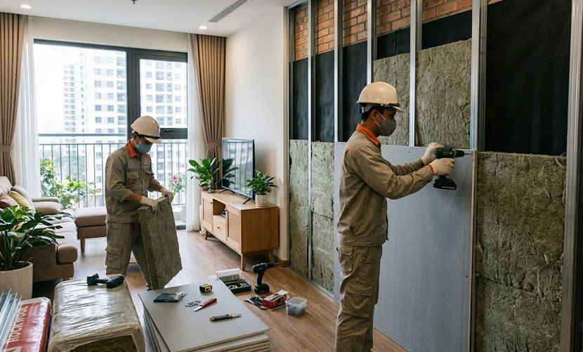 V&aacute;ch c&aacute;ch &acirc;m được thi c&ocirc;ng tại tường ph&ograve;ng gi&aacute;p với căn hộ b&ecirc;n cạnh