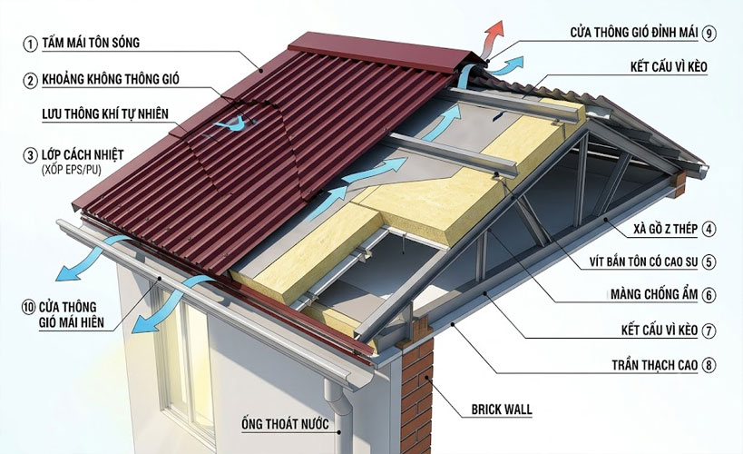 Cấu tạo m&aacute;i t&ocirc;n kết hợp lớp c&aacute;ch nhiệt v&agrave; khoảng kh&ocirc;ng th&ocirc;ng gi&oacute;