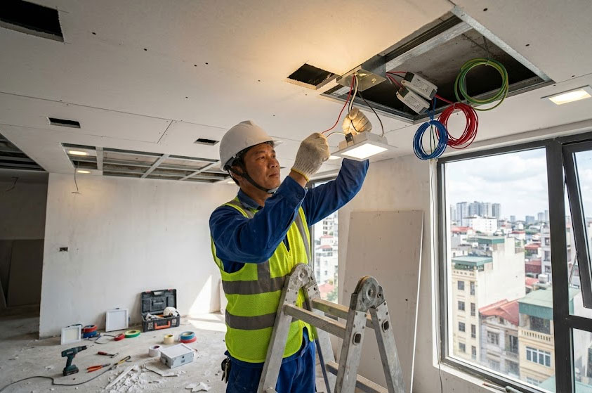 Hệ thống điện cần ho&agrave;n thiện trước khi đ&oacute;ng k&iacute;n trần thạch cao để hạn chế phải th&aacute;o dỡ khi sửa chữa