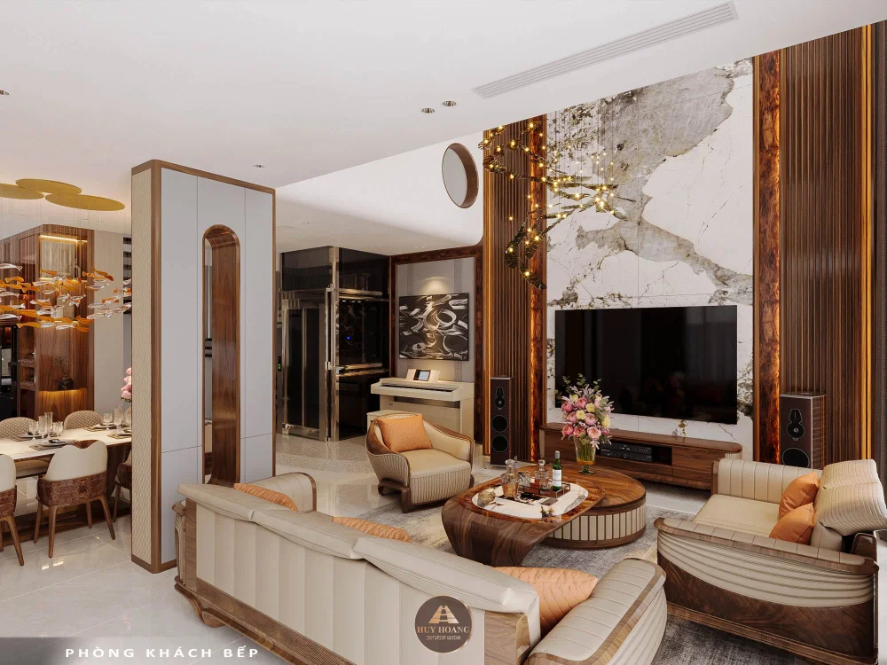 Sự kết hợp tinh tế giữa sofa da b&ograve; &Yacute; v&agrave; kệ Tivi gỗ &oacute;c ch&oacute; n&acirc;ng tầm kh&ocirc;ng gian ph&ograve;ng kh&aacute;ch