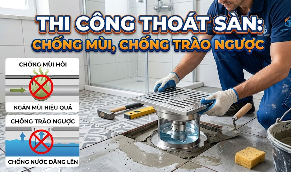Thi c&ocirc;ng hệ thống tho&aacute;t s&agrave;n chống m&ugrave;i chống tr&agrave;o ngược cho nh&agrave; ở