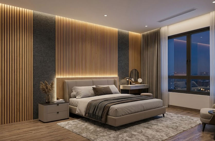 Ph&ograve;ng ngủ hiện đại với hệ v&aacute;ch c&aacute;ch &acirc;m được ho&agrave;n thiện đồng bộ