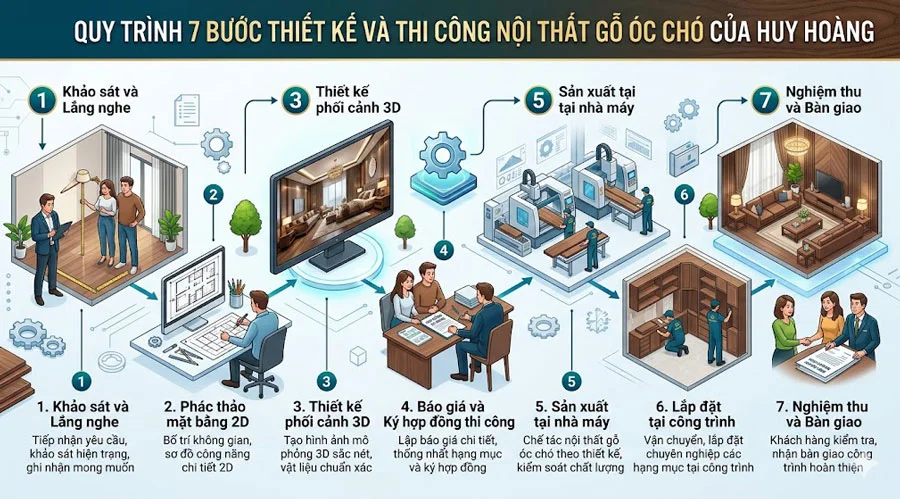 Quy tr&igrave;nh thiết kế v&agrave; thi c&ocirc;ng nội thất gỗ &oacute;c ch&oacute; 7 bước tại Huy Ho&agrave;ng
