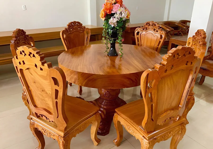 Bộ b&agrave;n ăn 6 ghế gỗ g&otilde; đỏ h&igrave;nh tr&ograve;n