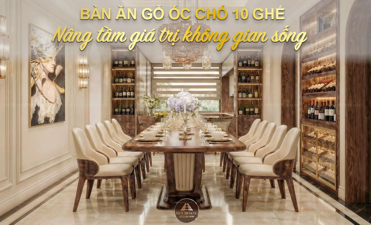 Mẫu b&agrave;n ăn gỗ &oacute;c ch&oacute; 10 ghế với m&agrave;u n&acirc;u trầm đẳng cấp l&agrave; điểm nhấn đắt gi&aacute; cho kh&ocirc;ng gian nội thất bếp