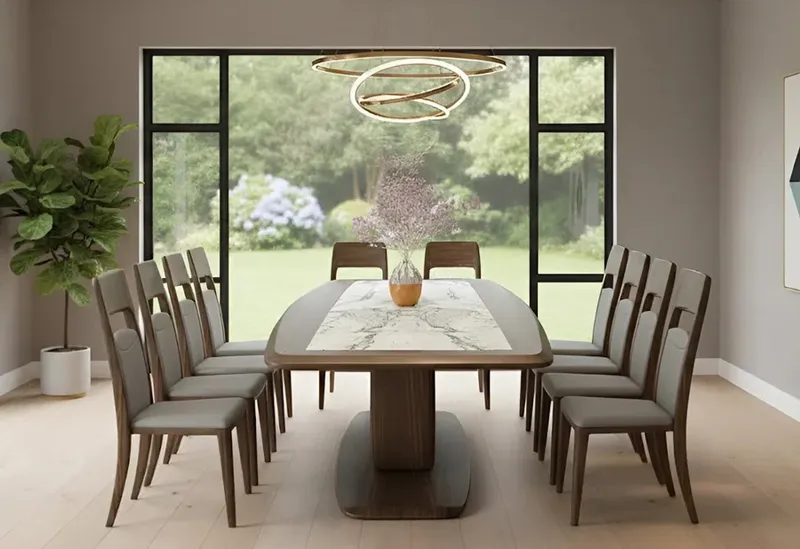 Bộ b&agrave;n ghế ăn gỗ &oacute;c ch&oacute; bọc da b&ograve; &Yacute; cao cấp