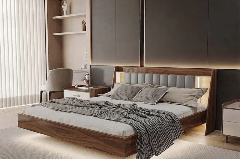 Giường ch&acirc;n bay kết hợp đầu giường bọc da thật