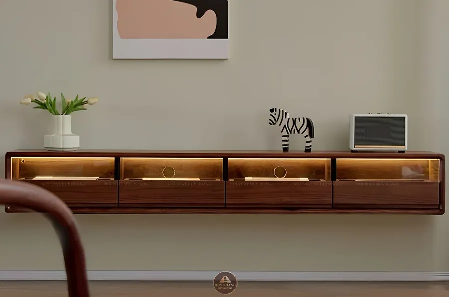Kệ tivi gỗ &oacute;c ch&oacute; treo tường c&oacute; đ&egrave;n LED hắt s&aacute;ng