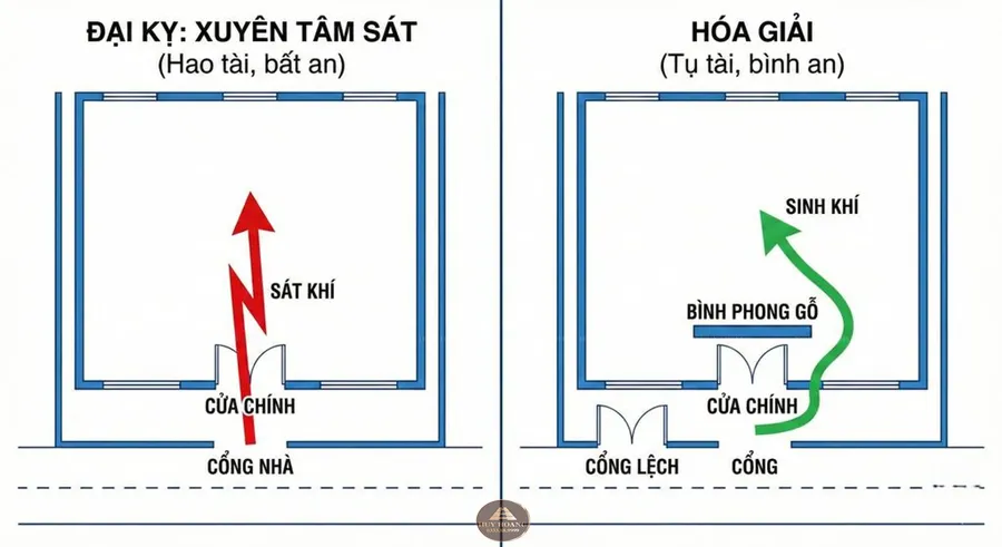 Ki&ecirc;ng kỵ khi l&agrave;m cổng đối diện trực tiếp với cửa ch&iacute;nh tạo thế xuy&ecirc;n t&acirc;m s&aacute;t nguy hiểm trong phong thủy.