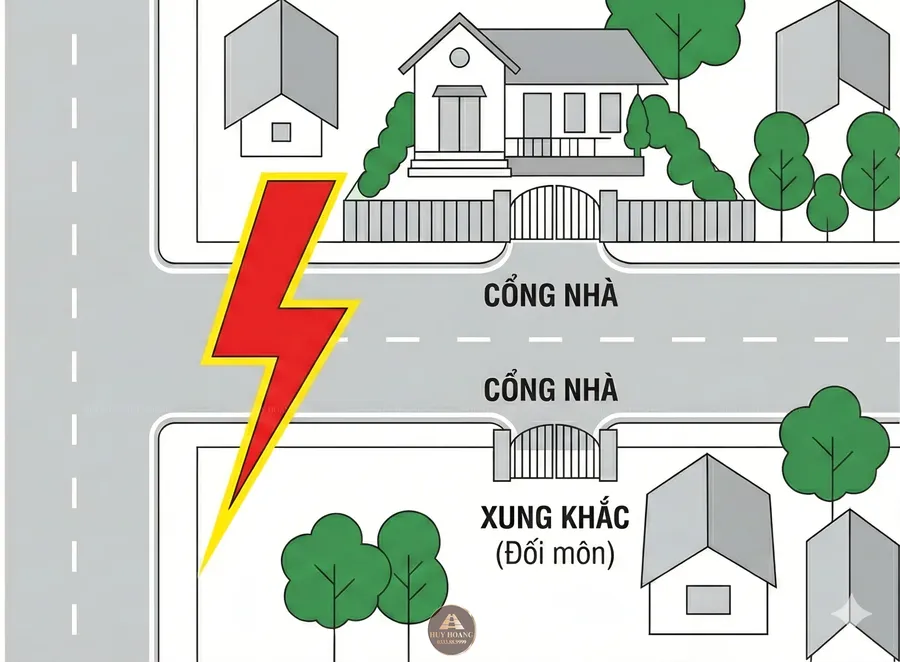 Thế nh&agrave; đối m&ocirc;n - đại kỵ khi l&agrave;m hai cổng nh&agrave; đối diện nhau trực tiếp g&acirc;y xung khắc h&agrave;ng x&oacute;m. 