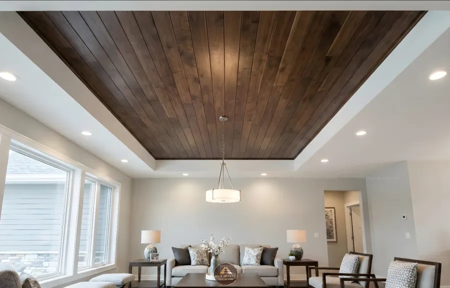Mẫu ốp trần gỗ &oacute;c ch&oacute; kết hợp thạch cao giật cấp