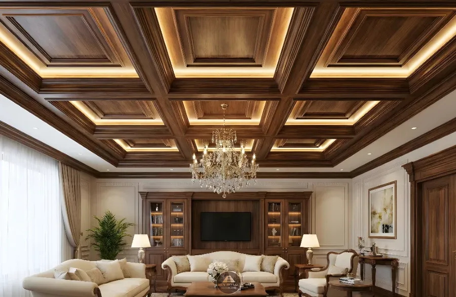 Mẫu ốp trần gỗ &oacute;c ch&oacute; ph&ograve;ng kh&aacute;ch hiện đại sang trọng