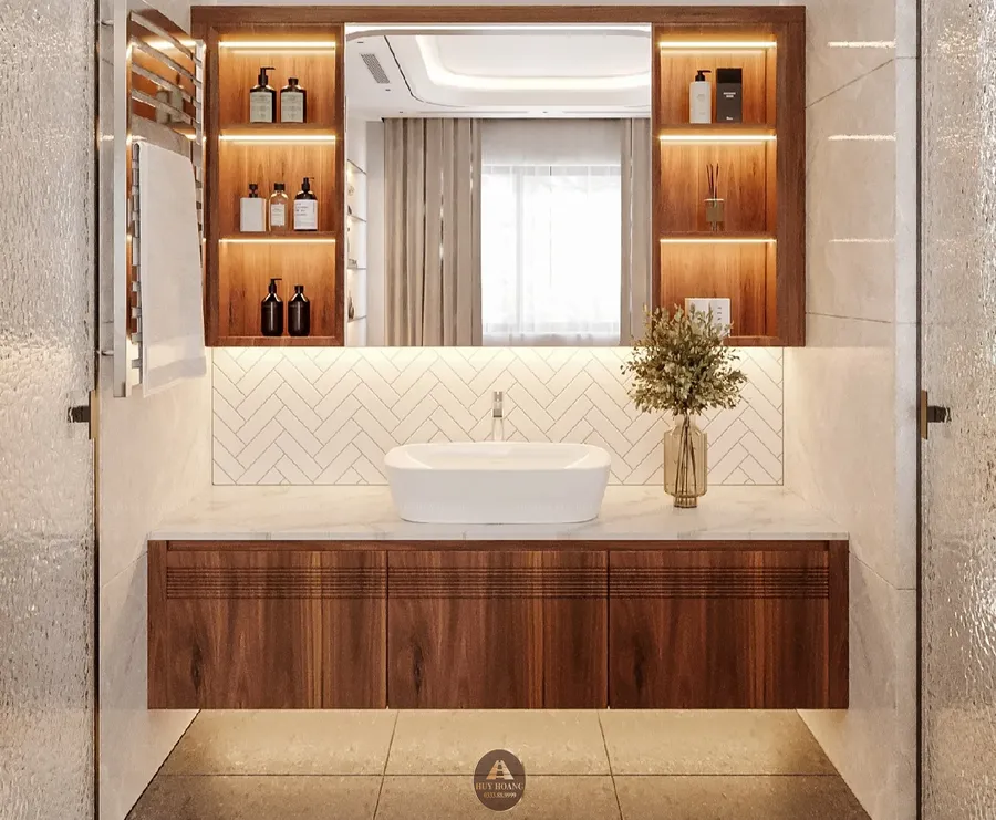 Tủ lavabo gỗ &oacute;c ch&oacute; cao cấp trong ph&ograve;ng tắm sang trọng