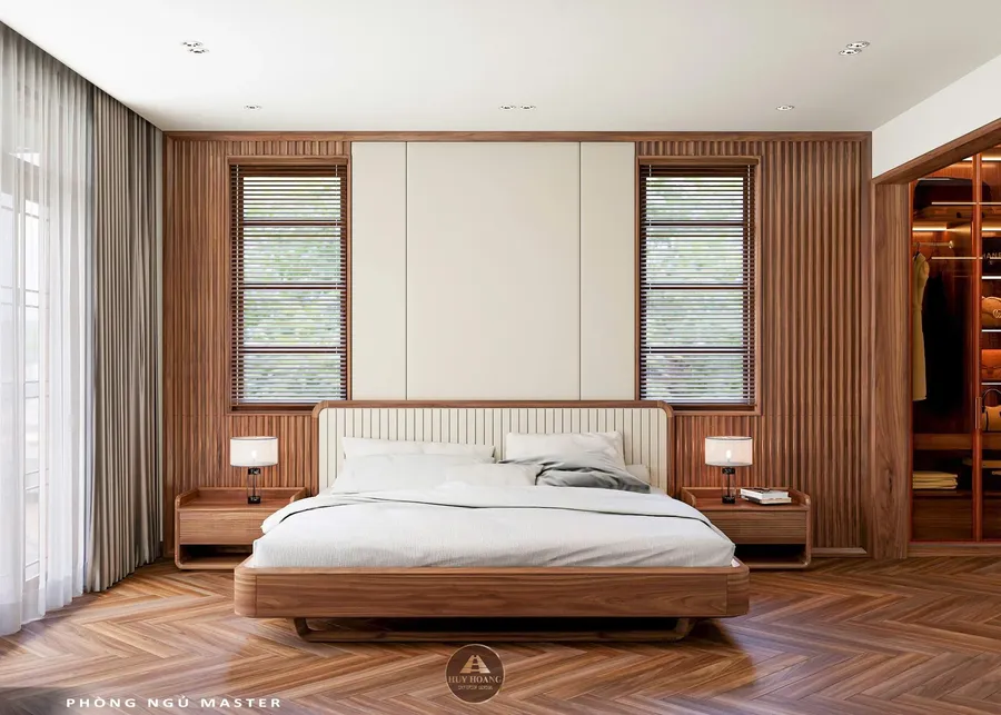 V&aacute;ch ốp đầu giường gỗ &oacute;c ch&oacute; xử l&yacute; khu vực cửa sổ r&egrave;m cửa