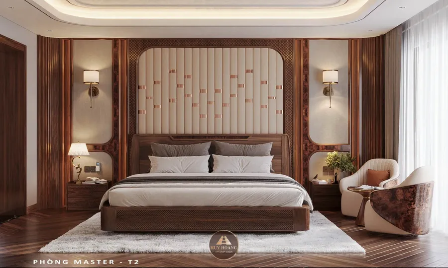 Mẫu v&aacute;ch ốp gỗ &oacute;c ch&oacute; chạy nan dọc kết hợp da đầu giường