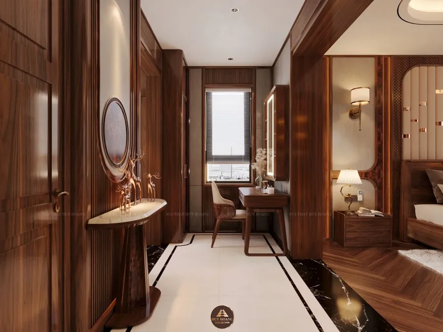 Trang tr&iacute; h&agrave;nh lang v&agrave; b&agrave;n trang điểm bằng v&aacute;ch ốp gỗ &oacute;c ch&oacute;