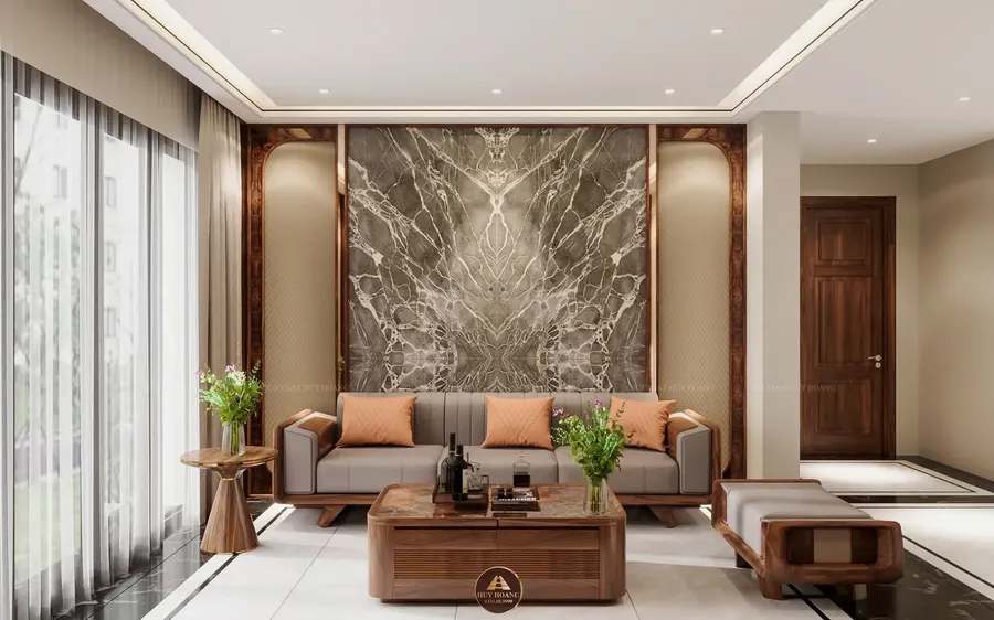 V&aacute;ch ốp sau sofa gỗ &oacute;c ch&oacute; kết hợp đ&aacute; tự nhi&ecirc;n gh&eacute;p v&acirc;n đối xứng