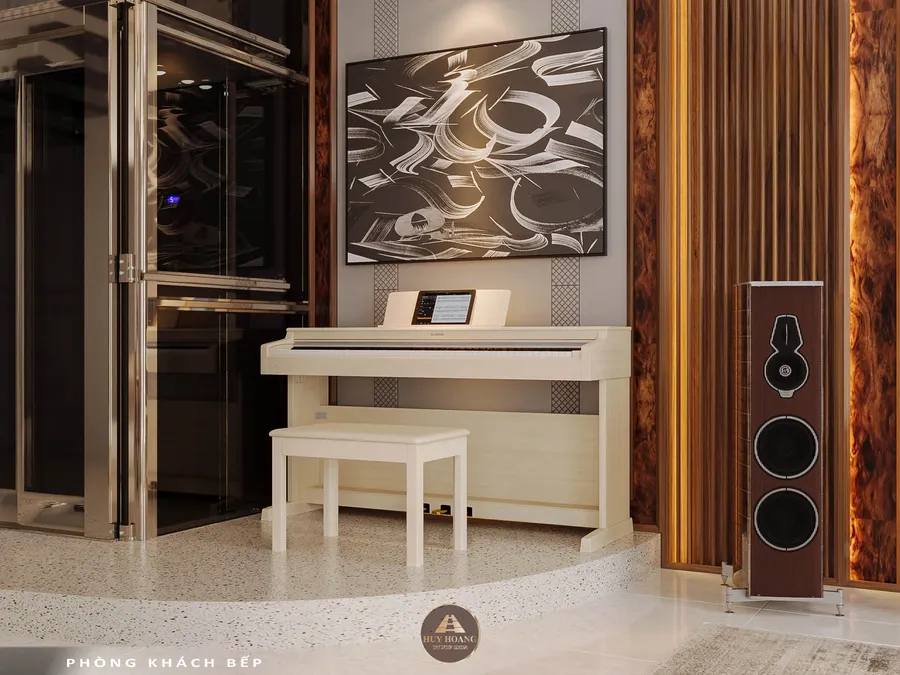 Trang tr&iacute; sảnh thang m&aacute;y bằng v&aacute;ch ốp gỗ &oacute;c ch&oacute; v&agrave; tranh nghệ thuật