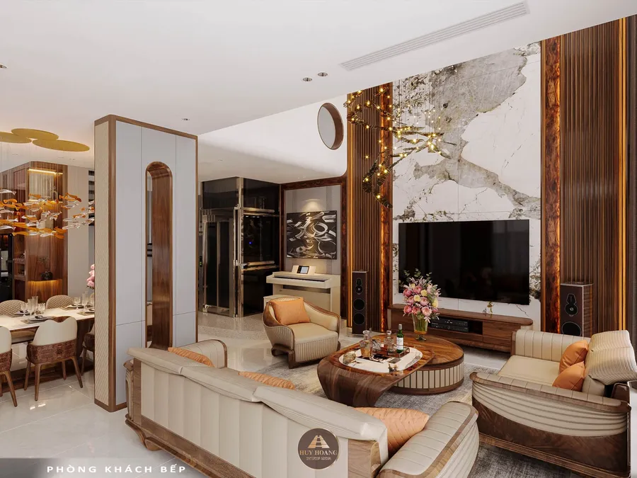 V&aacute;ch ốp tường ph&ograve;ng kh&aacute;ch gỗ &oacute;c ch&oacute; v&agrave; đ&aacute; Marble trắng v&acirc;n m&acirc;y