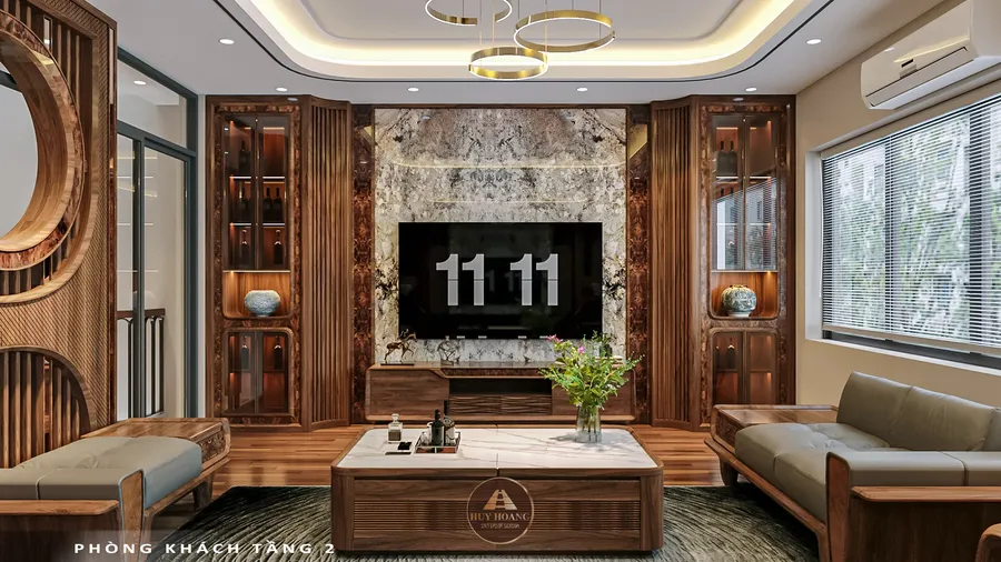 Sự giao thoa đẳng cấp giữa v&acirc;n gỗ &oacute;c ch&oacute; v&agrave; đ&aacute; tự nhi&ecirc;n tại v&aacute;ch tivi ph&ograve;ng kh&aacute;ch