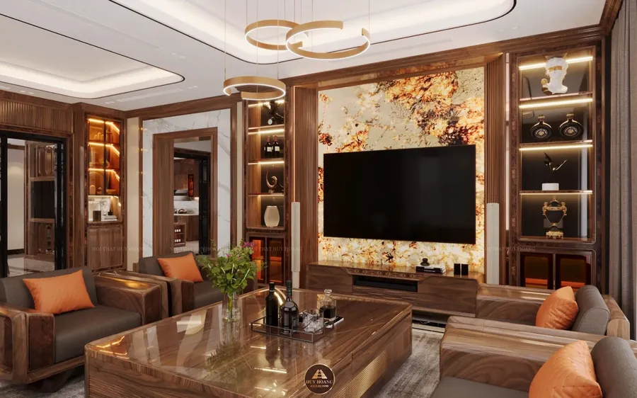 Hệ v&aacute;ch tivi gỗ &oacute;c ch&oacute; kết hợp đ&aacute; xuy&ecirc;n s&aacute;ng đẳng cấp