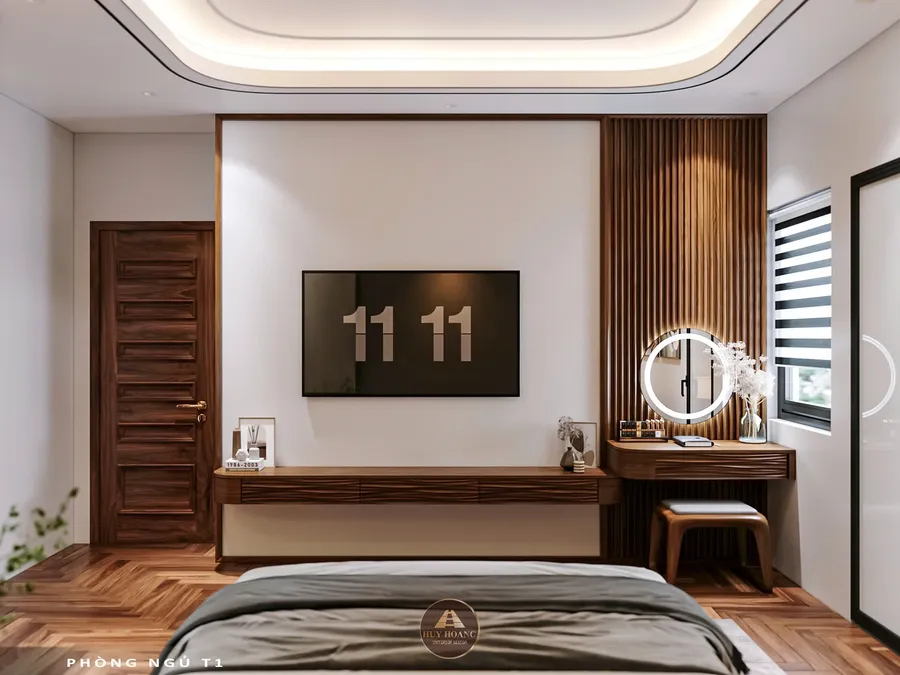 Hệ v&aacute;ch tivi ph&ograve;ng ngủ gỗ &oacute;c ch&oacute; hiện đại