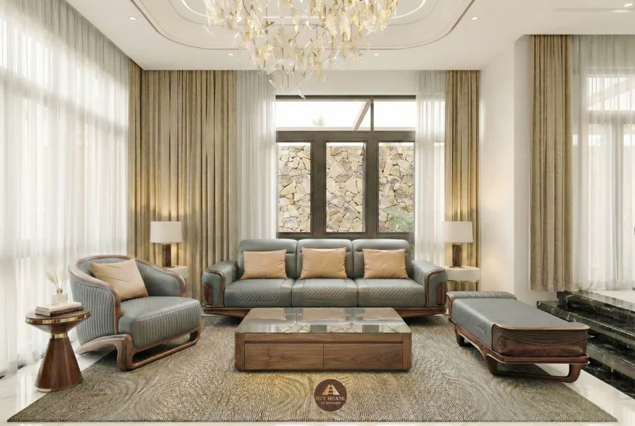 Top 6 mẫu sofa gỗ &oacute;c ch&oacute; bọc da m&agrave;u xanh ngọc Avalon Crystal