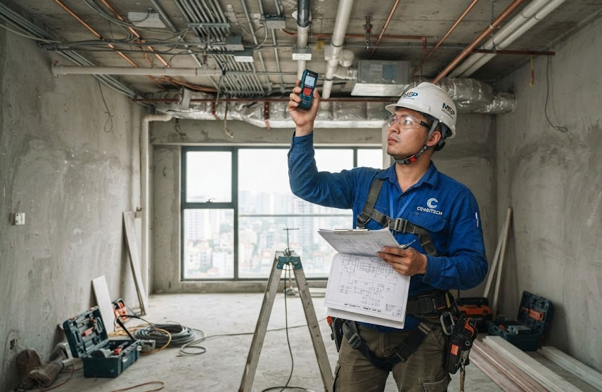 Kỹ sư khảo s&aacute;t hệ thống MEP trước khi thi c&ocirc;ng nội thất chung cư
