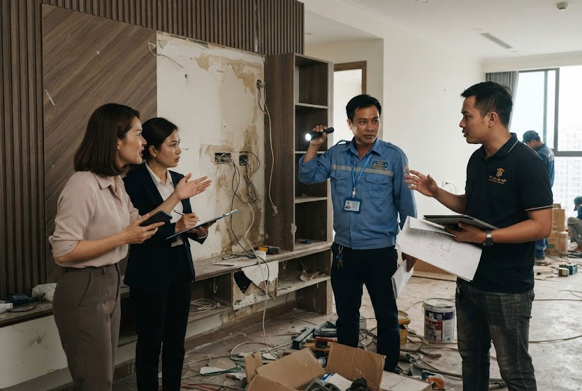 Ban quản l&yacute; v&agrave; c&aacute;c b&ecirc;n kiểm tra hiện trạng khi xảy ra tranh chấp thi c&ocirc;ng nội thất