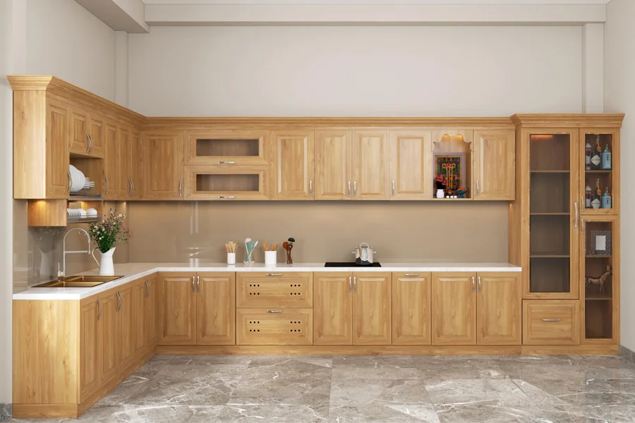 Tủ bếp gỗ sồi chữ L phong c&aacute;ch Farmhouse mang vẻ đẹp mộc mạc ấm c&uacute;ng