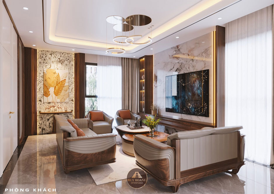 Kh&ocirc;ng gian ph&ograve;ng kh&aacute;ch Vinhomes ho&agrave;n thiện với nội thất gỗ &oacute;c ch&oacute;
