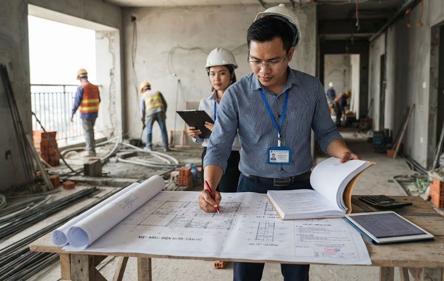 Kiến tr&uacute;c sư kiểm tra bản vẽ v&agrave; hồ sơ thi c&ocirc;ng