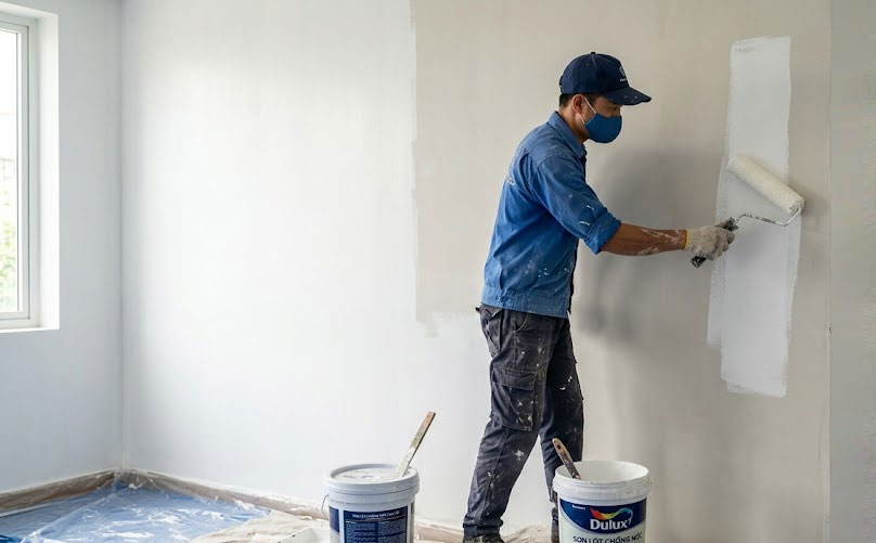 Thi c&ocirc;ng lớp sơn l&oacute;t chống mốc ph&ugrave; hợp gi&uacute;p tạo nền trước khi sơn phủ ho&agrave;n thiện