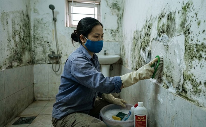 Vệ sinh loại bỏ c&aacute;c mảng mốc tr&ecirc;n tường trước khi tiến h&agrave;nh c&aacute;c bước tiếp theo