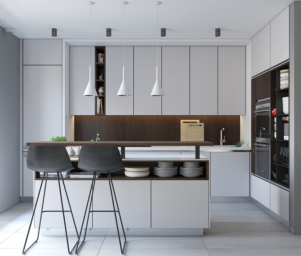 Mẫu thiết kế nội thất phòng bếp Minimalism với tone màu xám, trắng chủ đạo