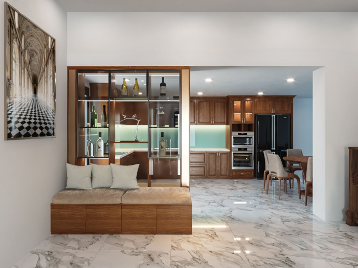 tủ bếp gỗ gõ đỏ hiện đại