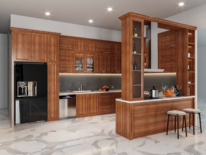 tủ bếp gỗ gõ đỏ hiện đại