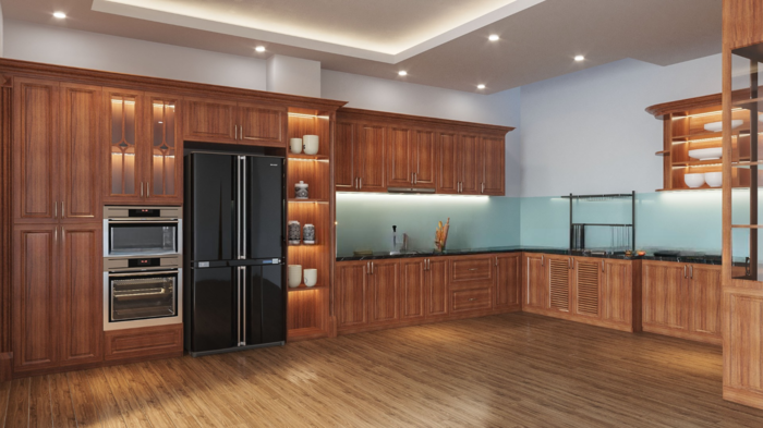 tủ bếp gỗ gõ đỏ hiện đại