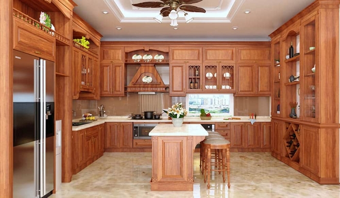 tủ bếp gỗ gõ đỏ hiện đại