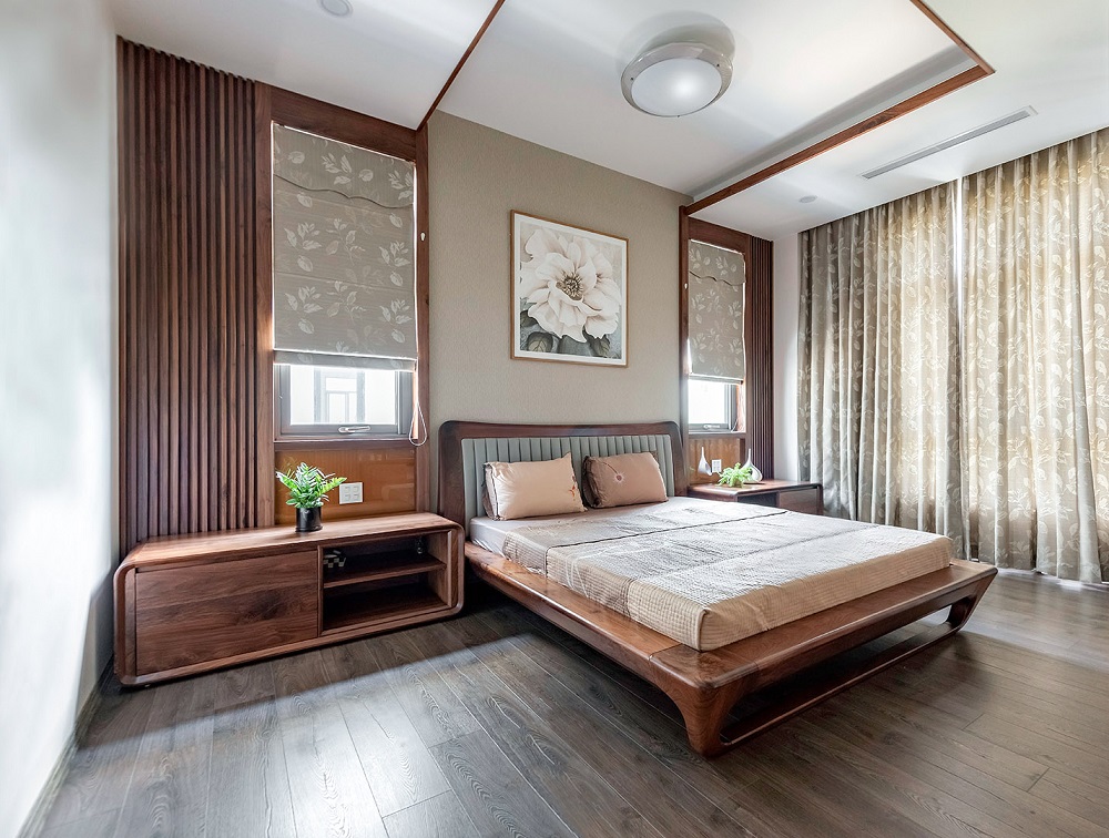 Kết hợp táp đầu giường gỗ óc chó và giường ngủ