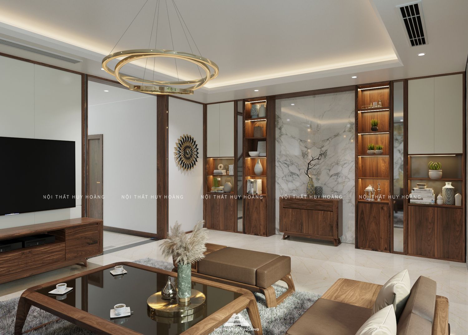 Tủ trang trí gỗ óc chó cho phòng khách