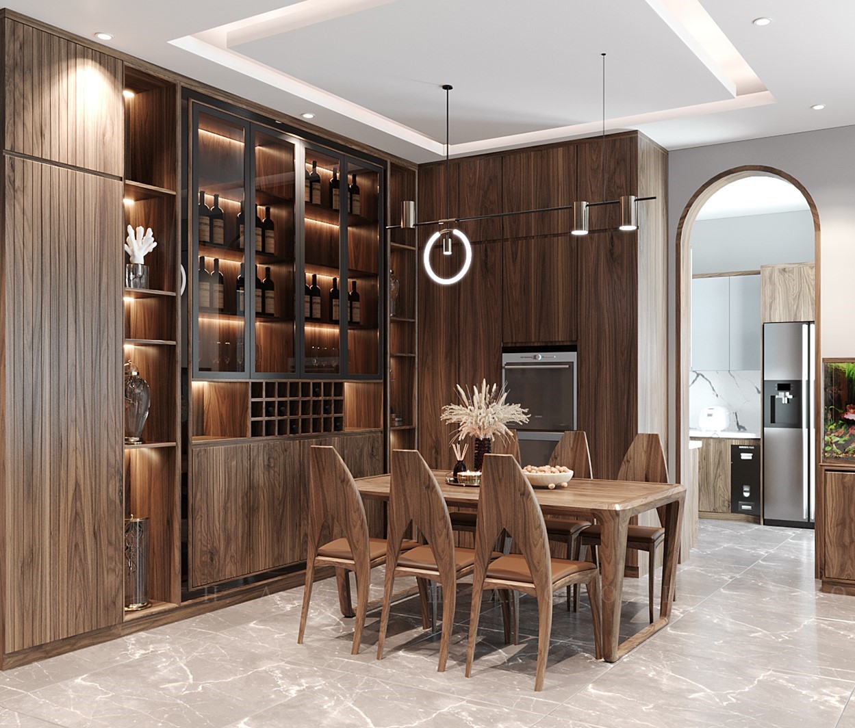 Bàn ăn 6 ghế chất liệu gỗ óc chó