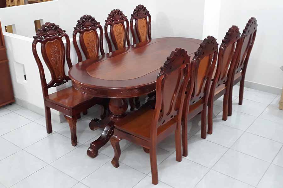 Bàn ăn 8 ghế gỗ sồi hình Oval