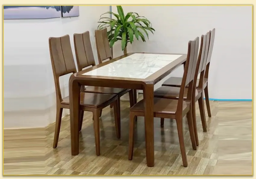 Bàn ăn mặt đá viền gỗ sồi phá cách