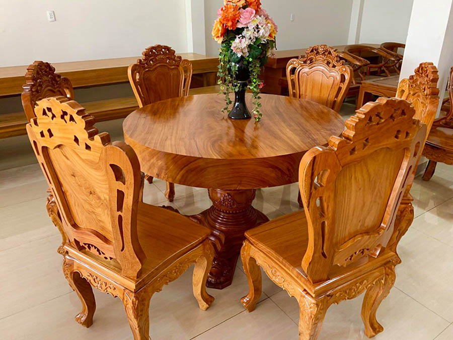 Bộ bàn ăn 6 ghế gỗ gõ đỏ hình tròn