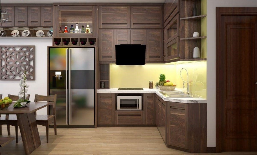 Tủ bếp gỗ công nghiệp sơn màu óc chó