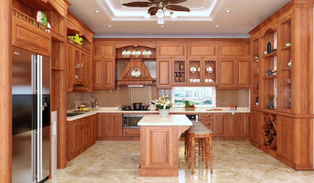 Tủ bếp làm từ gỗ gõ đỏ có độ bền cực kỳ cao, đáp ứng nhu cầu sử dụng của khách hàng trong thời gian dài.