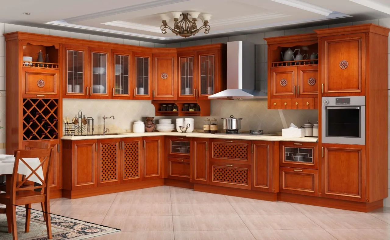 Tủ bếp gỗ gõ đỏ tân cổ điển đạt tiêu chuẩn thẩm mỹ cao