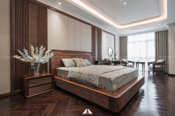 Thiết kế nội thất gỗ óc chó biệt thự Nguyệt Quế Vinhomes Riverside The Harmony